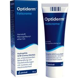 Eine Tube und Schachtel mit Optiderm Fettcreme für trockene Haut.