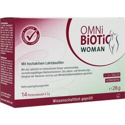 Weiße Verpackung von "Omni Biotic Woman" mit Informationen zu Lactobazillen.
